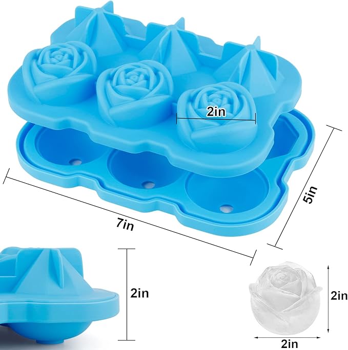 Ice Cube Tray, Mikiwon 2 inch Rose Ice Cube Trays With Covers, 3 Cavity Silicone Rose Ice Tray & 3 Diamond Ice Ball Maker, Easy Release Large Ice Cube Form for Chilled Cocktails, Whiskey Juice (Blue)
