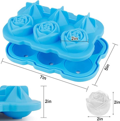 Ice Cube Tray, Mikiwon 2 inch Rose Ice Cube Trays With Covers, 3 Cavity Silicone Rose Ice Tray & 3 Diamond Ice Ball Maker, Easy Release Large Ice Cube Form for Chilled Cocktails, Whiskey Juice (Blue)