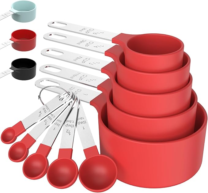 TILUCK Measuring Cups & Spoons Set, Stackable Cups and Spoons, Nesting Measure Cups with Stainless Steel Handle, Kitchen Gadgets for Cooking & Baking (Red) by TILUCKBringsGoodLuck