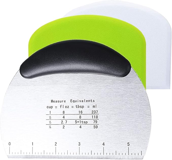 3-Piece Stainless Steel Dough Scraper set + Pizza Spatula Set – Kitchen Baking Tools With Measuring Scale, Includes 2 Plastic Cake and Bread Cutters, Suitable for Shaping Pizza and Pastries. by Unknown