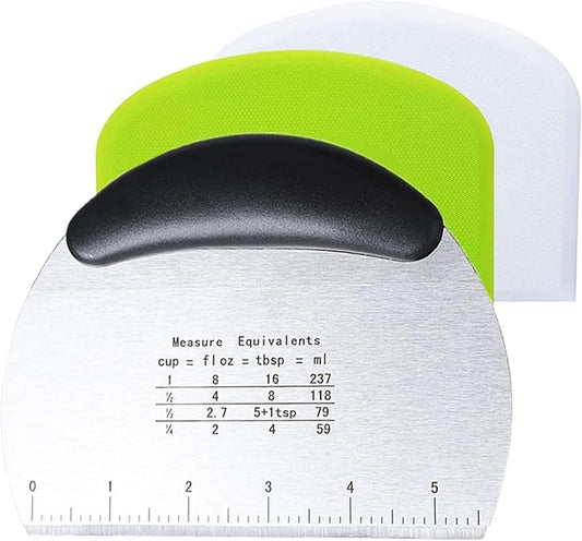3-Piece Stainless Steel Dough Scraper set + Pizza Spatula Set – Kitchen Baking Tools With Measuring Scale, Includes 2 Plastic Cake and Bread Cutters, Suitable for Shaping Pizza and Pastries. by Unknown