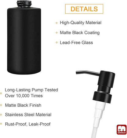 GMISUN Black Soap Dispenser, Hand Soap Dispenser Bathroom, Hand and Dish Dispenser Set for Kitchen, 12 fl oz/350ml Glass Liquid Soap and Lotion Dispensers with Stainless Steel Pump, 2 Pack Refillable