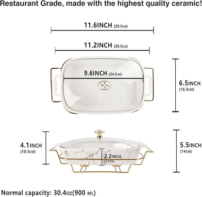 10" x 6" Ceramic Casserole Dish with Glass Lid and rack, 30 oz Serving Soup Tureen,Chafing Dish for Buffet, Family Food preserve Tray, Catering Casserole for Party Style
