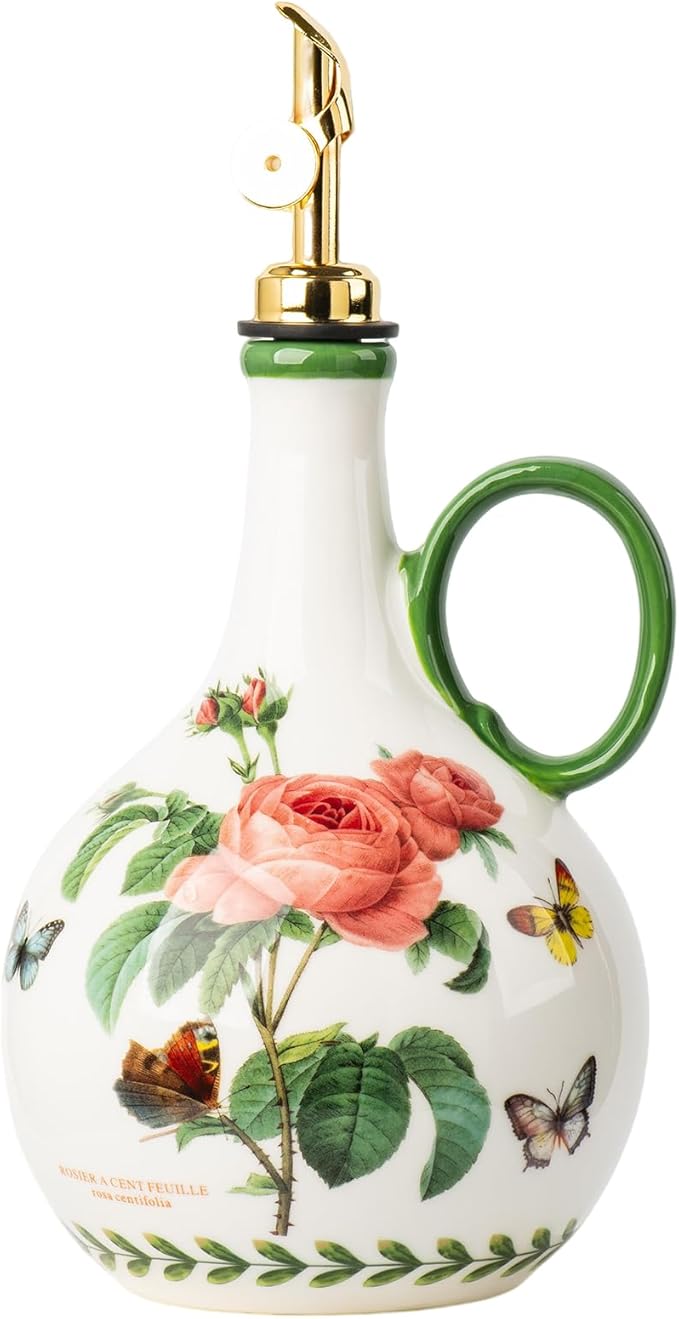 Ceramic Olive Oil Dispenser, 27 oz Floral Pattern Cruet with Auto-Close Spout, 9.45" Tall, Decorative Oil and Vinegar Bottle (pink rose)