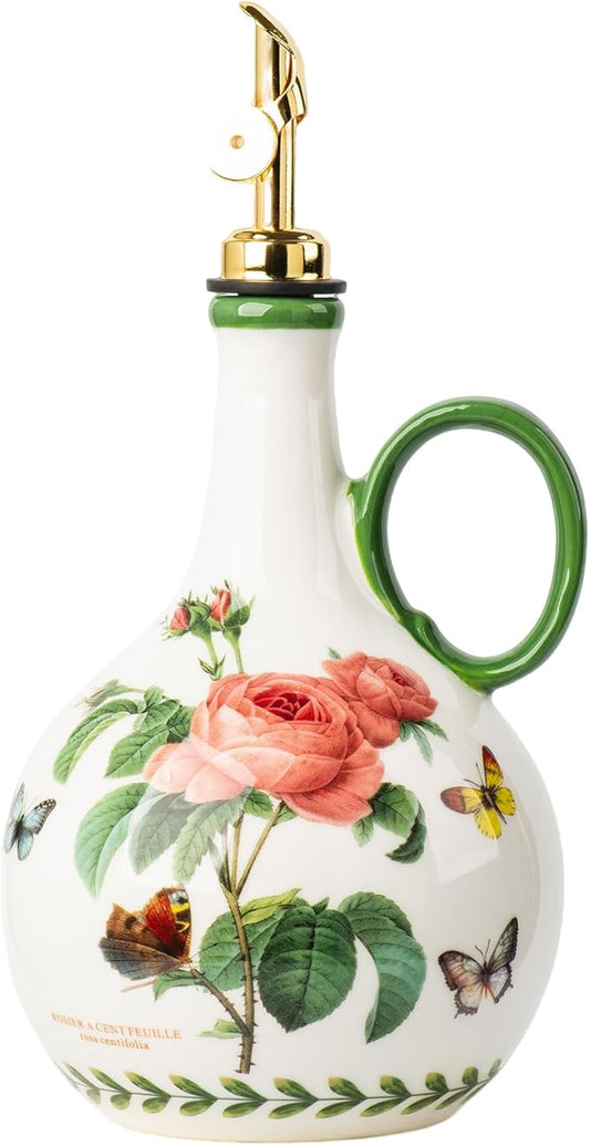 Ceramic Olive Oil Dispenser, 27 oz Floral Pattern Cruet with Auto-Close Spout, 9.45" Tall, Decorative Oil and Vinegar Bottle (pink rose)