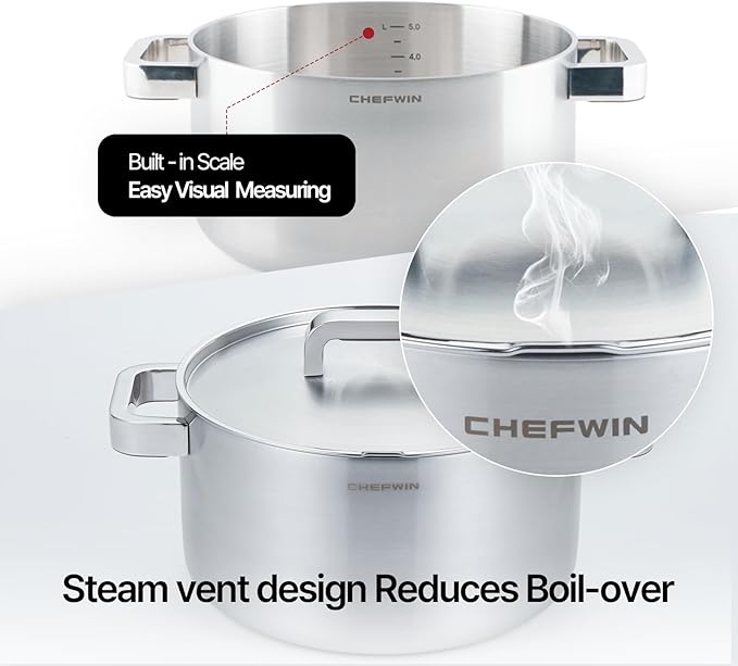 316 Stainless Steel 6 Quart Soup Pot with Lid Casserole, 5Ply, All Stoves Compatible, Dishwasher Safe, Silicone Cool-Touch Handle