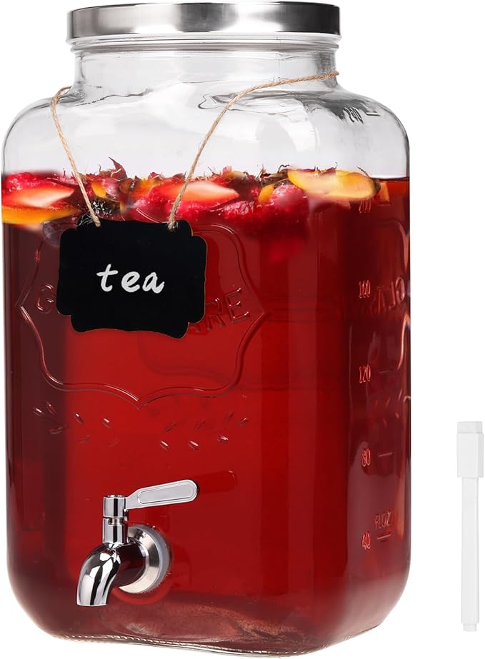 Moretoes 2 Gallon Glass Drinks Dispenser for Parties, Sun Tea Glass Jar for Outside Beverage Dispenser with Stainless Steel Spigot and Lid for Juice and Iced Tea, Pitcher by Moretoes