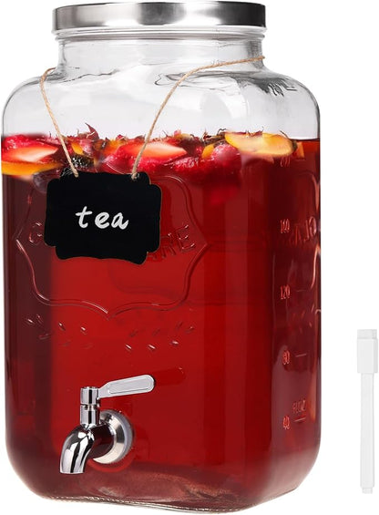 Moretoes 2 Gallon Glass Drinks Dispenser for Parties, Sun Tea Glass Jar for Outside Beverage Dispenser with Stainless Steel Spigot and Lid for Juice and Iced Tea, Pitcher by Moretoes