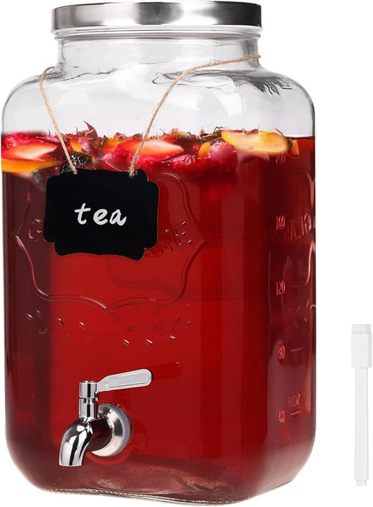 Moretoes 2 Gallon Glass Drinks Dispenser for Parties, Sun Tea Glass Jar for Outside Beverage Dispenser with Stainless Steel Spigot and Lid for Juice and Iced Tea, Pitcher by Moretoes