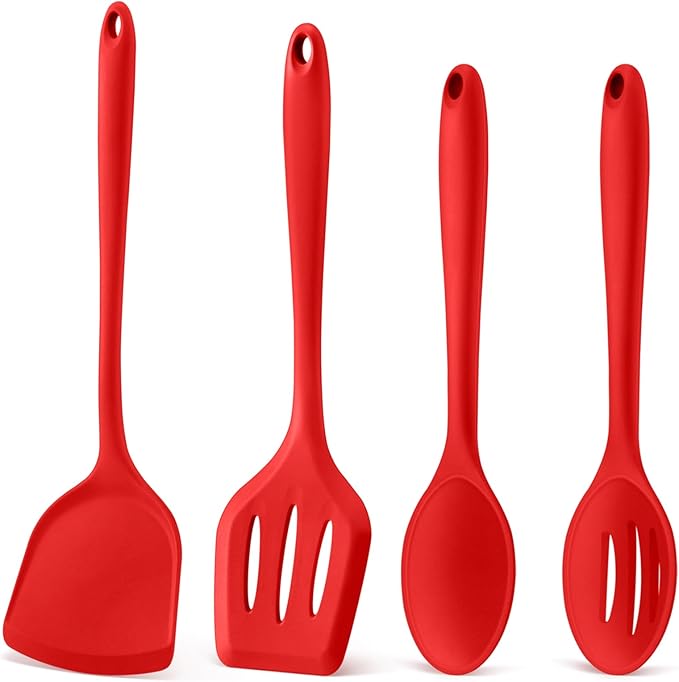 P&P CHEF Kitchen Utensil Set, 4 Pieces Non-stick Silicone Cooking Utensils, Heat-resistant Slotted Solid Spoon Turner for Frying, Mixing, Serving, Non-toxic & Easy to Clean, Red by PPCHEF