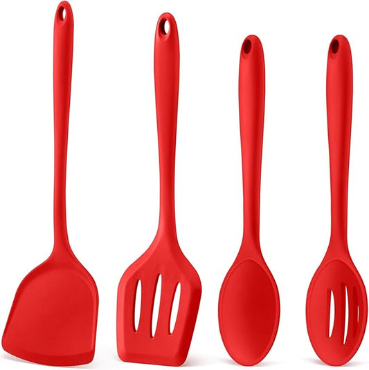 P&P CHEF Kitchen Utensil Set, 4 Pieces Non-stick Silicone Cooking Utensils, Heat-resistant Slotted Solid Spoon Turner for Frying, Mixing, Serving, Non-toxic & Easy to Clean, Red by PPCHEF