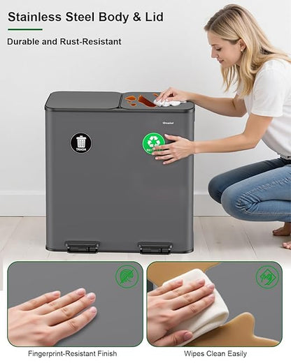 Lovewind 2×11.5 Gallon Dual Trash Can, Stainless Steel Dual Garbage and Recycling Can with Foot Pedal, 90° Stay-Open Lid, Pet-Proof Design – Large Dual Compartment Trash Recycling Bins Kitchen, Grey