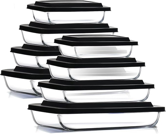 EATEX 16-Piece Deep Glass Casserole Dishes for Oven with Plastic Lids, Glass Baking Dishes for Oven, Rectangular Bakeware for Lasagna, Cooking, Leftovers, Kitchen, Freezer to Oven Dishwasher Safe by Eatex