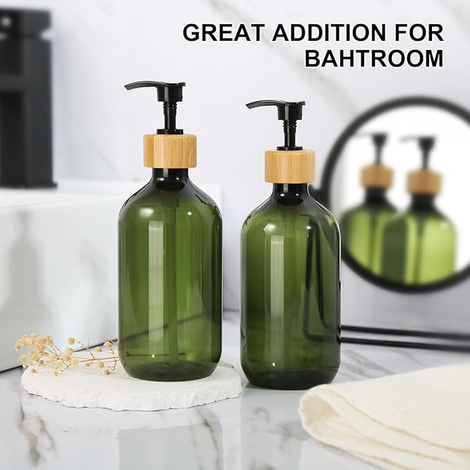 KASUNTING Green Soap Dispenser, Plastic Bathroom Soap and Lotion Dispenser Set with Bamboo Pump, 2 Pack 17 Fl Oz Hand and Dish Soap Dispensers Set for Bathroom, Refillable Liquid Soap Bottles - Image 6