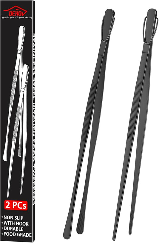 DEHOV 12 Inch Stainless Steel Black Cooking Tongs Set of 2, Metal Chef Food Tweezers For Cooking, Long Metal BBQ Tongs For Pasta, Black Pickle Grabber