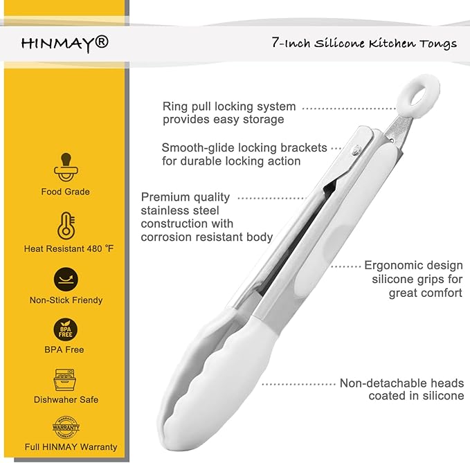 HINMAY Mini Tongs with Silicone Tips 7-Inch Serving Tongs, Set of 3 (White) - Image 2