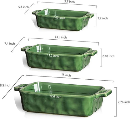 VICRAYS Ceramic Bakeware Set, Porcelain Rectangular Baking Dish, Baking Pan Lasagna Pans Casserole Dish Set for Cooking, Kitchen, Cake Dinner, Banquet and Daily Use, 3 PCS, 15 x 8.5 Inches(Green) - Image 2