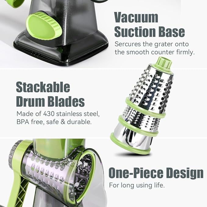 KEOUKE Rotary Cheese Grater Hand Crank Transparent - Shredder Slicer Grinder 3 Stainless Steel Blades, Stable Suction, Labor-Saving Handle, Safe Kitchen Tool for Cheese, Vegetable, Nuts, Chocolate - Image 5