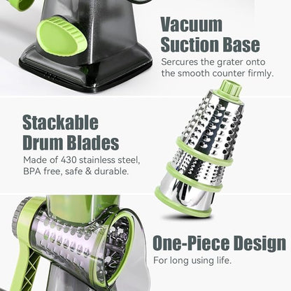 KEOUKE Rotary Cheese Grater Hand Crank Transparent - Shredder Slicer Grinder 3 Stainless Steel Blades, Stable Suction, Labor-Saving Handle, Safe Kitchen Tool for Cheese, Vegetable, Nuts, Chocolate - Image 5