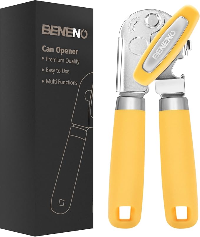 Beneno Heavy Duty Hand Can Opener Manual with Magnet, Durable Sharp Carbon Steel Blade Smooth Cutting, Big Effort-Saving Knob, Soft Grip Handle, Multifunctional Kitchen Tool with Bottle Opener, Yellow by Beneno