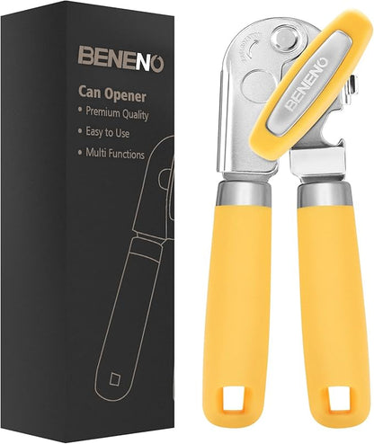 Beneno Heavy Duty Hand Can Opener Manual with Magnet, Durable Sharp Carbon Steel Blade Smooth Cutting, Big Effort-Saving Knob, Soft Grip Handle, Multifunctional Kitchen Tool with Bottle Opener, Yellow by Beneno