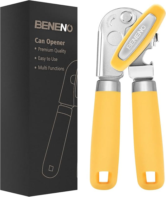Beneno Heavy Duty Hand Can Opener Manual with Magnet, Durable Sharp Carbon Steel Blade Smooth Cutting, Big Effort-Saving Knob, Soft Grip Handle, Multifunctional Kitchen Tool with Bottle Opener, Yellow by Beneno
