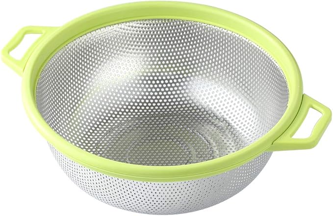HiramWare Stainless Steel Colander With Handle and Legs, Large Metal Green Strainer for Pasta, Spaghetti, Berry, Veggies, Fruits, Noodles, Salads, 5-quart 10.5” Kitchen Mesh Colander, Dishwasher Safe by HiramWare