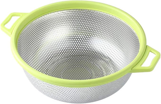 HiramWare Stainless Steel Colander With Handle and Legs, Large Metal Green Strainer for Pasta, Spaghetti, Berry, Veggies, Fruits, Noodles, Salads, 5-quart 10.5” Kitchen Mesh Colander, Dishwasher Safe by HiramWare