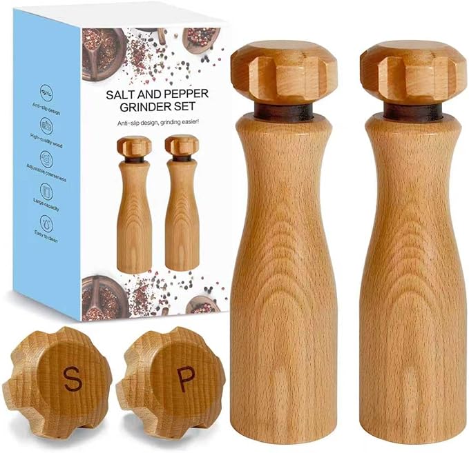 Wooden Salt And Pepper Grinder Set –【Gear-Shape Knob & Effortless Grinding】8 Inch Manual Refillable Pepper Grinder Set (2)