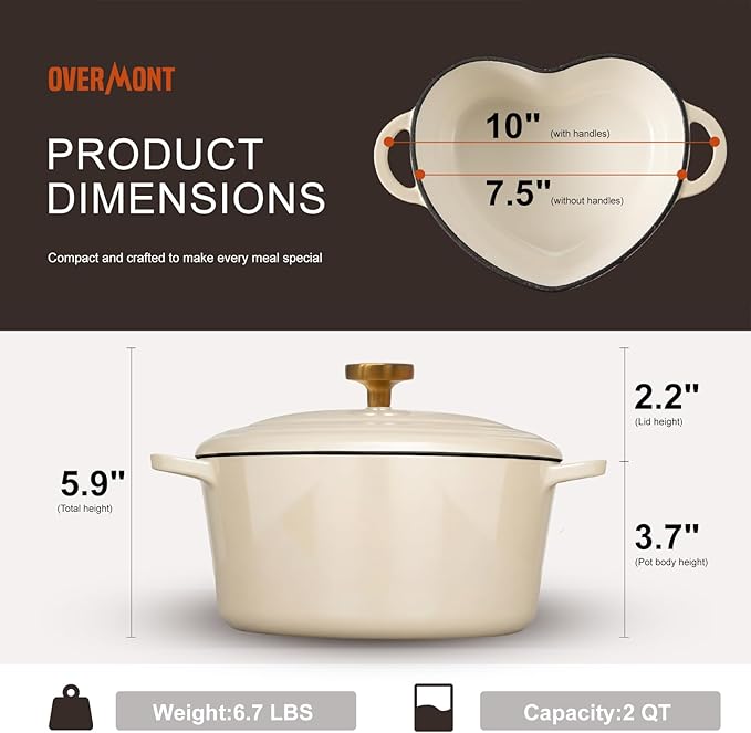 Overmont Enameled Cast Iron Dutch Oven - Heart-Shaped Pot with Lid Cookbook & Cotton Pot Holders - Mini Cookware Oven Safe to 500°F for Sourdough Baking Soups Stews - Great Gift for Wedding Birthday Housewarming 2QT White