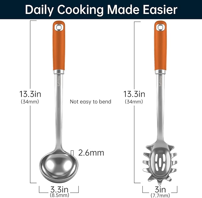 Safring Stainless Steel Soup Ladle and Spaghetti Spoon Set, Heat Resistant Rubber Handle, Dishwasher Safe, Kitchen Utensils for Cooking, Stirring, Serving Pasta, Soup & Sauce (Orange) - Image 2