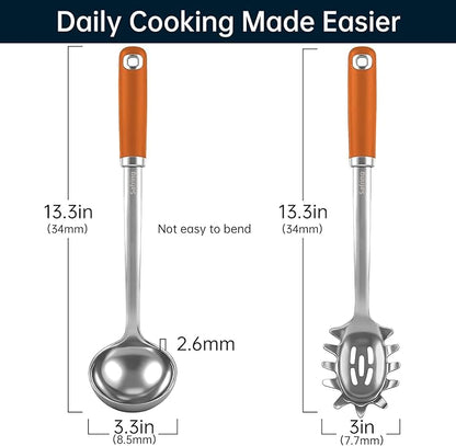 Safring Stainless Steel Soup Ladle and Spaghetti Spoon Set, Heat Resistant Rubber Handle, Dishwasher Safe, Kitchen Utensils for Cooking, Stirring, Serving Pasta, Soup & Sauce (Orange) - Image 2