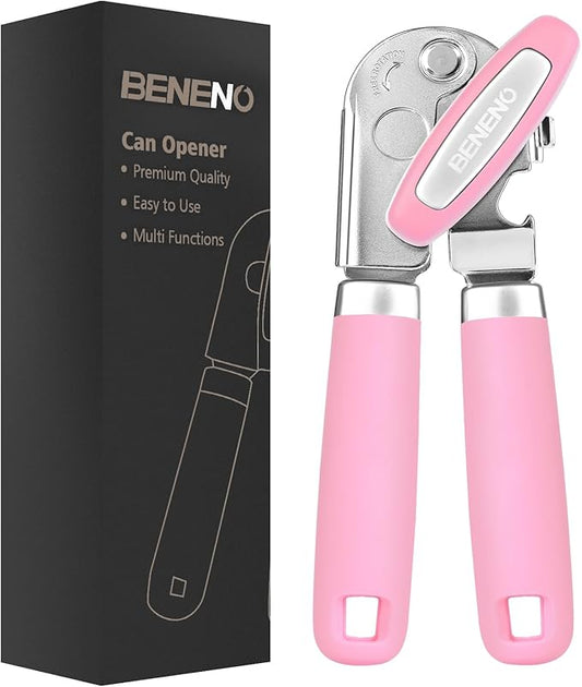 Beneno Heavy Duty Hand Can Opener Manual with Magnet, Durable Sharp Carbon Steel Blade Smooth Cutting, Big Effort-Saving Knob & Soft Grip Handle, Multifunctional Kitchen Tool with Bottle Opener, Pink by Beneno