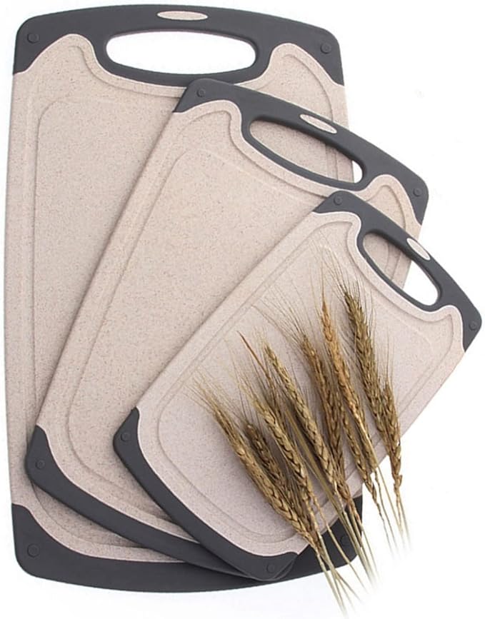 FLYINGSEA Cutting Boards For Kitchen, Anti-Skid Eco-Wheat Straw Cutting Board Set (3 Pcs), Dishwasher Safe (light brown)