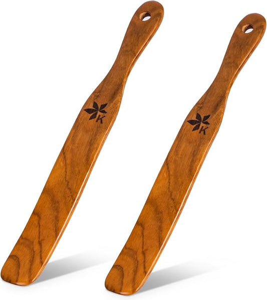2 Pack Spurtle for Sourdough Starter, Danish Dough Whisk and Jar Spatula, Solid Teak Wood for Mixing, Scraping Jars and Bread Making Tools, Wooden Kitchen Utensils for Non-Stick Cookware