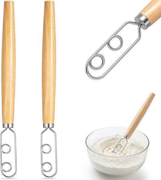 Zhehao 2 Pcs 13 Inch Sourdough Starter Stirring Hook Danish Dough Whisk Wooden Dutch Mixer Hand Utensil with Stainless Steel Dough Hook for Bread, Pizza, Pastry, Cake Batter Making Tool