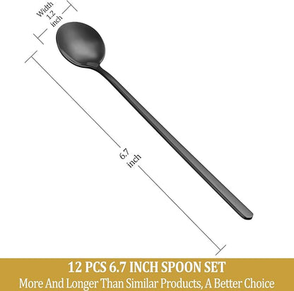 12 Pcs Teaspoons Set, 6.7 Inch Black Tea Spoons Long Handle, Black Small Teaspoons, Food Grade Stainless Steel Spoons, Long Spoon for Stirring, Metal Espresso Spoon - Image 2