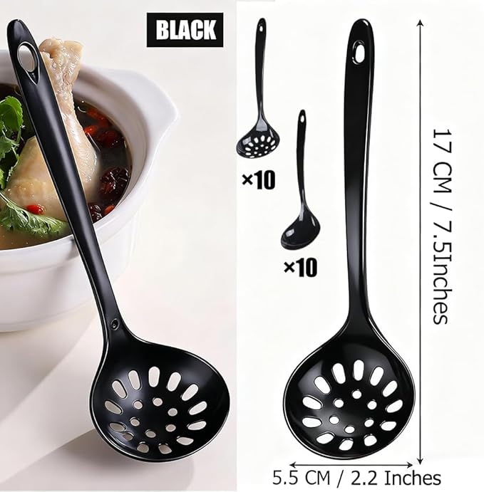 Large Plastic Serving Spoons,Disposable Heavy Duty Serving Spoons,Long Handle Scoop Soup Rice Ladle for Party Catering Buffet Restaurant,20 Pieces (10 Black Colander +10 Black Spoon) - Image 2