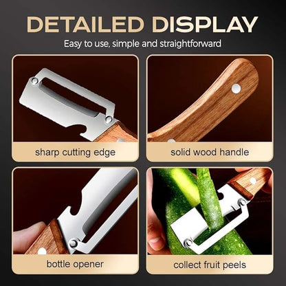 Premium Vegetable Peeler with Wooden Handle and Bottle Opener,Multi-Functional Vegetable Peeler for Kitchen, 2-In-1 Stainless Steel Kitchen Tool, for Fruit Veggie, Includes Bottle Opener (2PCS)