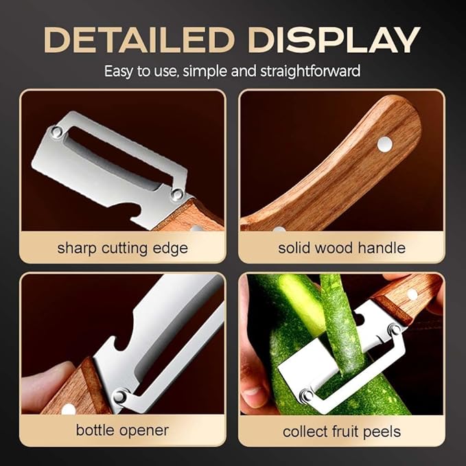 MultiFunctional Vegetable Peeler for Kitchen，Multifunctional Vegetable Peeler with Wooden Handle and Bottle Opener，2-in-1 Stainless Steel Kitchen Tool for Fruit Apple Potato Pumpkin Papaya (2) - Image 4