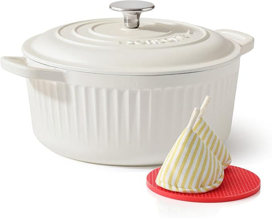 SENSARTE Enameled Cast Iron Dutch Oven Pot with Lid 3.5/5.5/6.5 Quart Heavy-Duty Round Dual Handles Kitchen Pot with Cotton Potholders & Silicone Trivet, Pot for Bread Baking, Stews, Braising, Roasting, Oven Safe, 3.5Quart, White