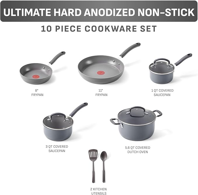 T-Fal Ultimate Hard Anodized Nonstick 10 Piece Cookware Set, Oven Safe Up to 400°F, Dishwasher Safe, Pots and Pans Set, Includes Frying Pans, Saucepan, Stockpot, Cooking Utensils, Stone - Image 2