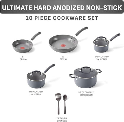 T-Fal Ultimate Hard Anodized Nonstick 10 Piece Cookware Set, Oven Safe Up to 400°F, Dishwasher Safe, Pots and Pans Set, Includes Frying Pans, Saucepan, Stockpot, Cooking Utensils, Stone - Image 2