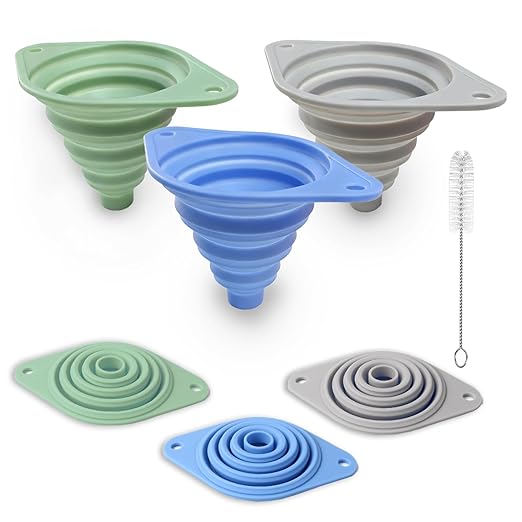 Kitchen Funnel Set 3 Pack, Collapsible Silicone Funnel for Kitchen Use, Small Funnels for Filling Bottle, Transfer Liquid, Oil and Powder, Food Grade Silicone Filter with a Brush by Unknown