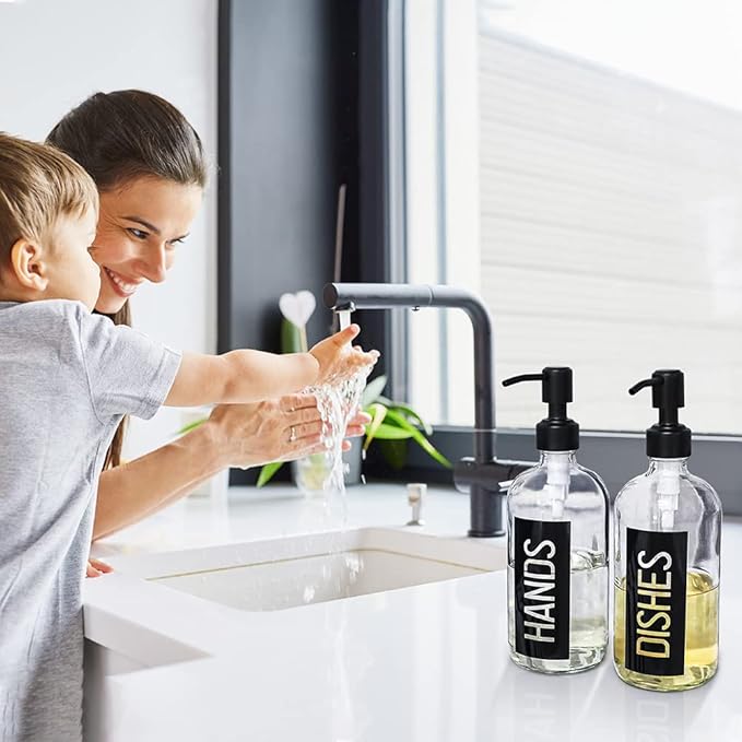 JASAI 2Pack 18OZ Glass Soap Dispenser, Black Stainless Steel Pump, Kitchen Dispenser with Classy Label, Refillable for Dishes - Image 3