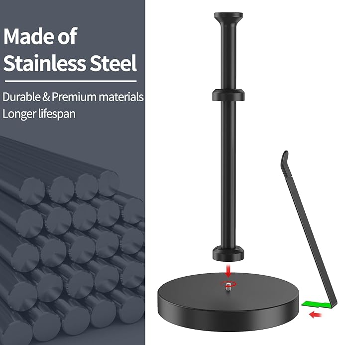 Jesginboo Countertop Paper Towel Holder for Kitchen, Stainless Steel Tension Arm for One-Handed Tear, Stainless Steel Paper Towel Holder Stand for Kitchen Bathroom, Black