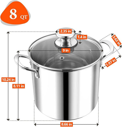 P&P CHEF 8 Quart Stainless Steel Stock Pot with Lid, Large Stockpot for Cooking Pasta Soup, Cookware for Induction Gas Electric Stoves, Visible Lid & Measuring Markings, Dishwasher Safe - Image 2