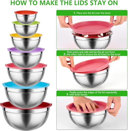 Leidawn Mixing Bowls with Lids for Kitchen - 25 PCS Stainless Steel Nesting Colorful Mixing Bowls Set for Baking,Mixing,Serving & Prepping,Size 5, 3.7, 2.8, 2.3, 1.7, 1.1, 0.7QT,11 Cooking Utensils - Image 3
