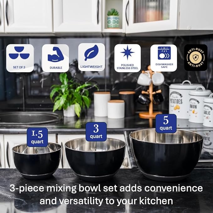 WHYSKO Stainless Steel Mixing Bowls Set of 3 with Non-Slip Silicone Base, Nesting Metal Bowls for Meal Prep, Baking, Cooking & Food Storage, Dishwasher Safe Kitchen Mixing Bowls, Black - Image 2