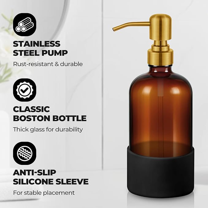 16 oz Hand and Dish Soap Dispenser Set for Kitchen and Bathroom, 500ml Amber Glass Soap Dispenser with Stainless Steel Golden Pump, Non-Slip Silicone Sleeves, Labels - 2 Pack